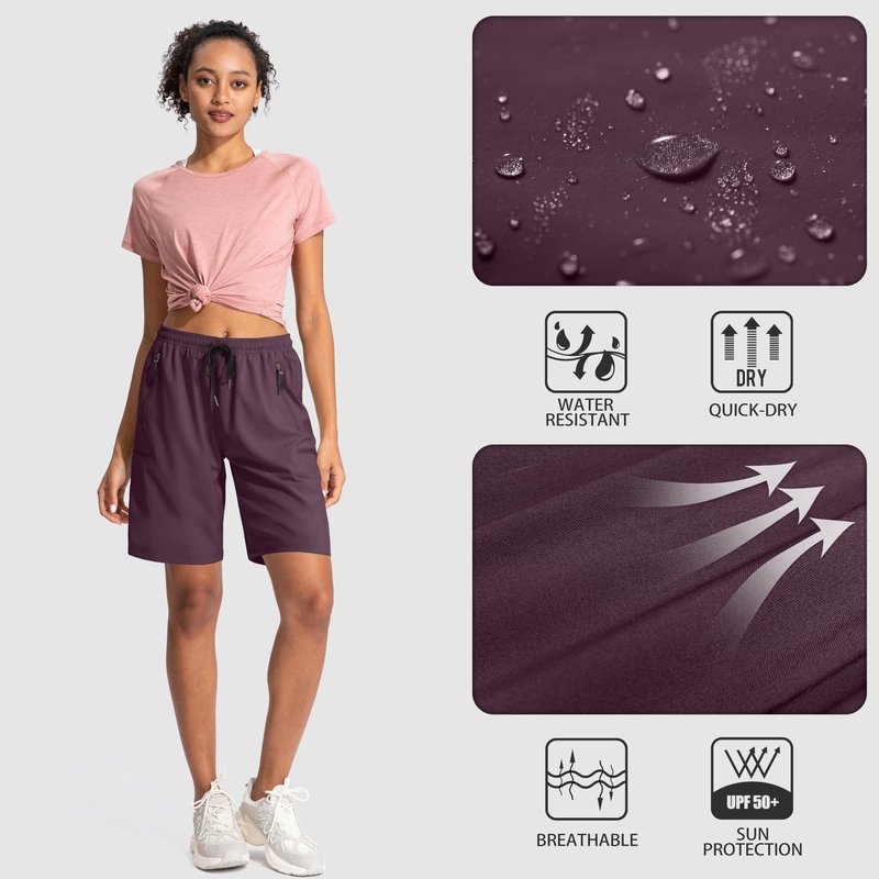 SANTINY Women's 5''/ 7''/9'' Hiking Cargo Shorts Quick Dry Lightweight Summer Shorts for Women Athletic Golf Zipper Pockets(Wine_L)