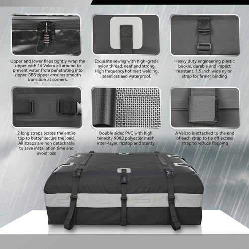 MARCHWAY Waterproof Car Roof Luggage Bag, Weatherproof Soft Shell Rooftop Cargo Carrier Bag for Vehicles with or Without Rack. 6 Door Hooks, Anti Slip Mat, Lock Included (15 Cubic Feet, Black)