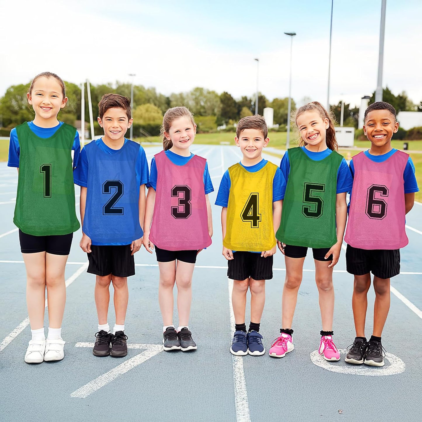 M-Aimee Youth Pinnies - 48 Pcs Mesh Basketball Practice Jerseys | Numbered Soccer Scrimmage Vests in Green, Yellow, Pink, Blue