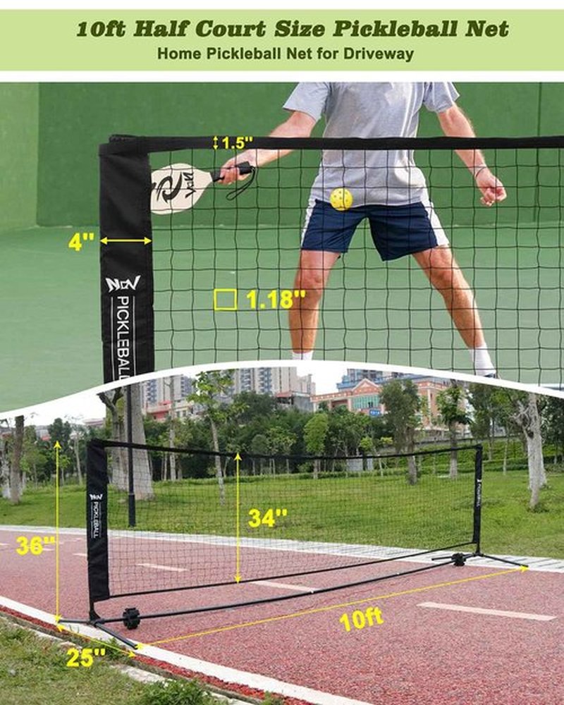 NQV Half Court Pickleball Net Set - 10FT Net+4 Wood Paddles+8 Balls+4 Ball Retrievers+1 Court Marking Kit+1 Bag, Pickleball Kit for Driveway Adults Beginners Pros