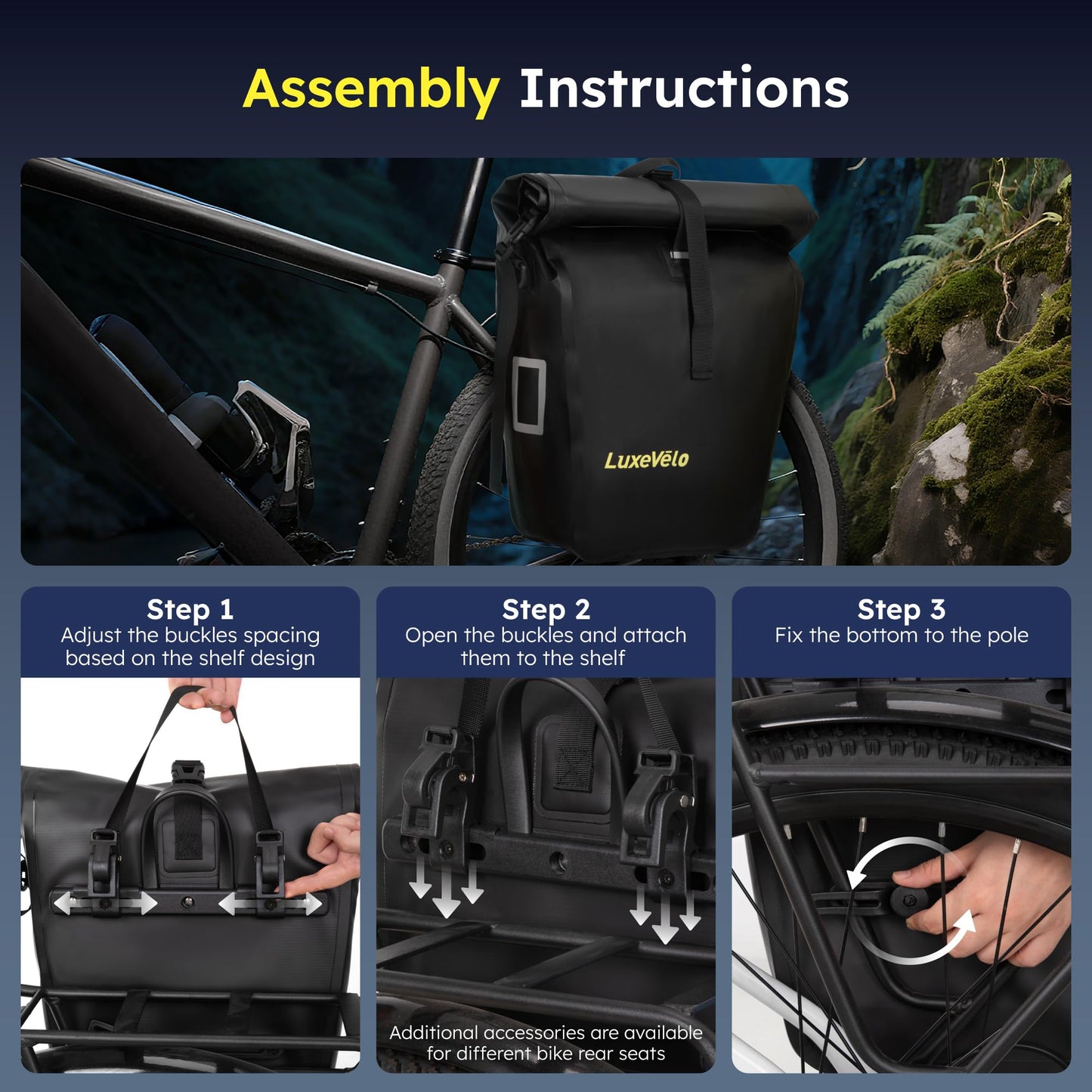 RegalRider Bike Pannier, Waterproof 27L Pannier Bike Bag with Removable Shoulder Strap, Reflective Safety Design, Adjustable Clips Fit All Bike Racks, Bicycle Pannier for Cycling Commuting Travel