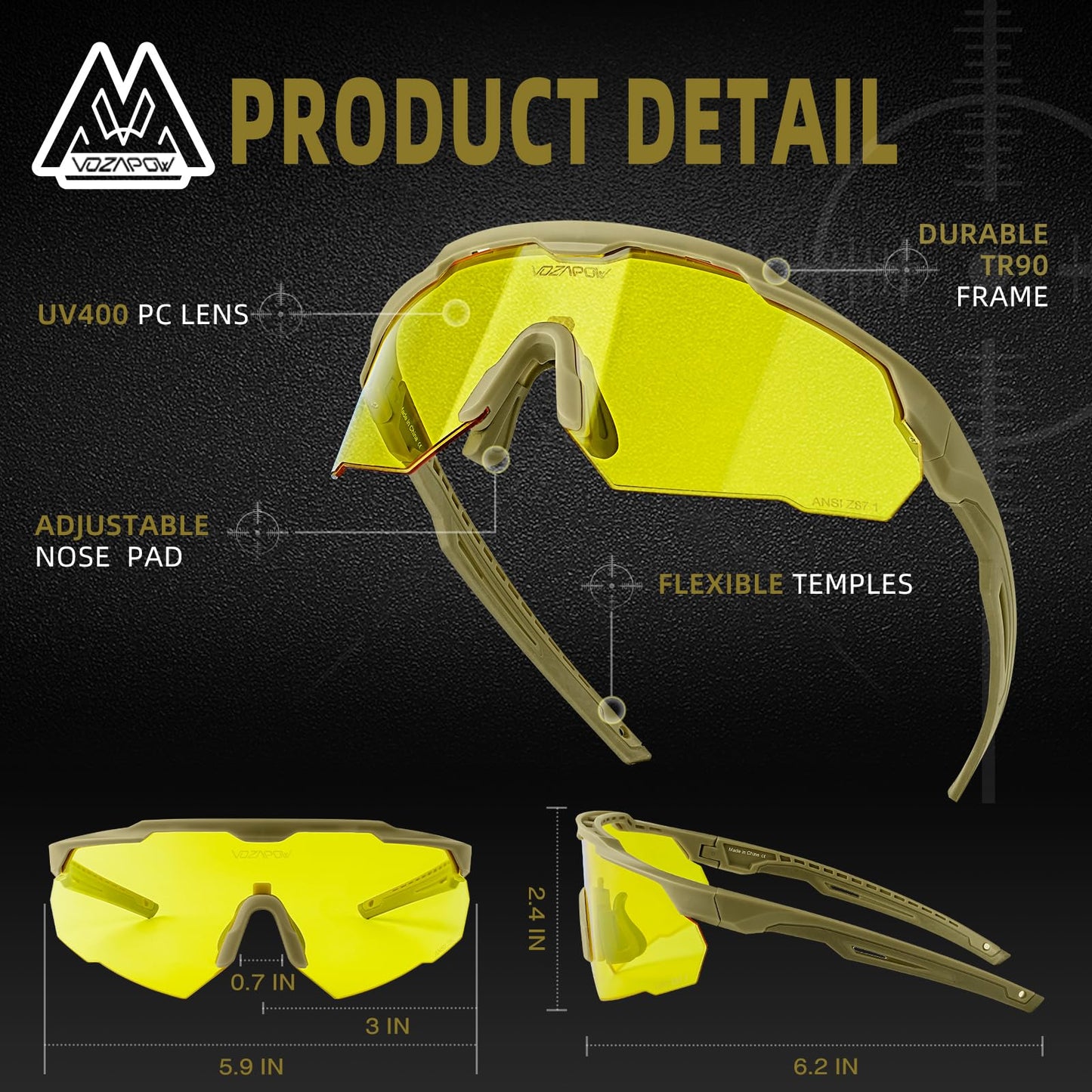 VOZAPOW Shooting Glasses Anti Fog with High Definition Lenses, ANSI Z87+ Certified Tactical Safety Glasses for Men Women