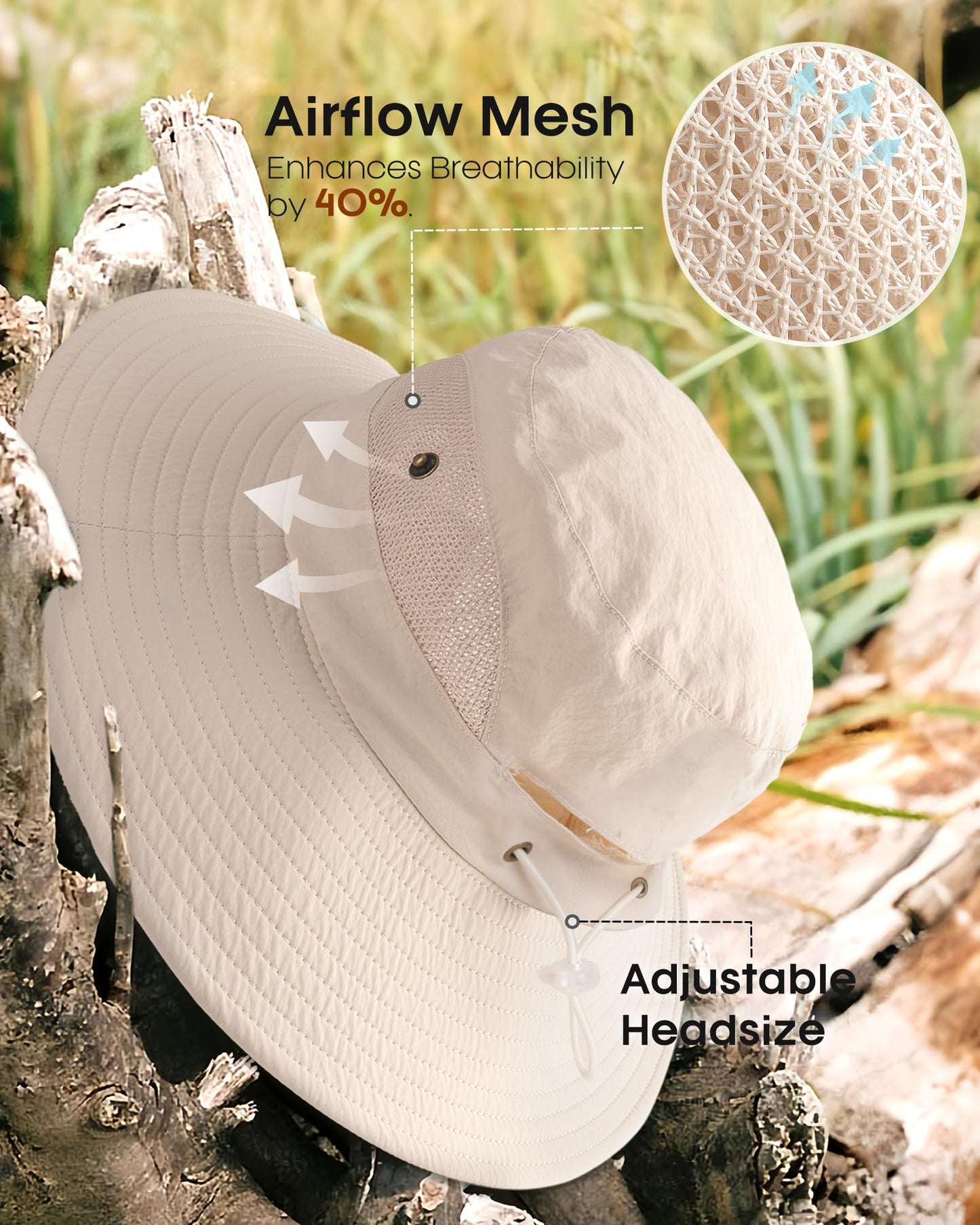 FURTALK Womens Sun Hat with Ponytail Hole Beach Hiking Summer Wide Brim UPF 50+ Outdoor Protection Foldable Bucket Hat Beige, One Size