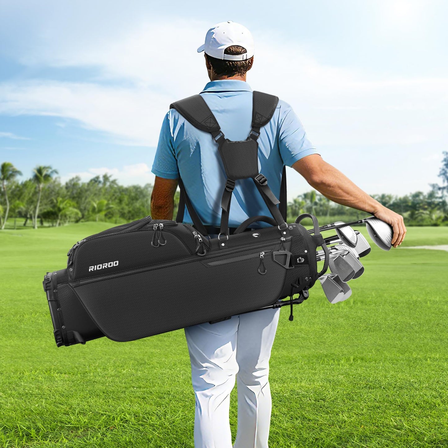 RIOROO 5 Way Golf Stand Bag with Full Length Dividers, Lightweight Golf Bag with Rain Cover, 6 Zippered Pockets & Cooler Bag, Breathable Straps