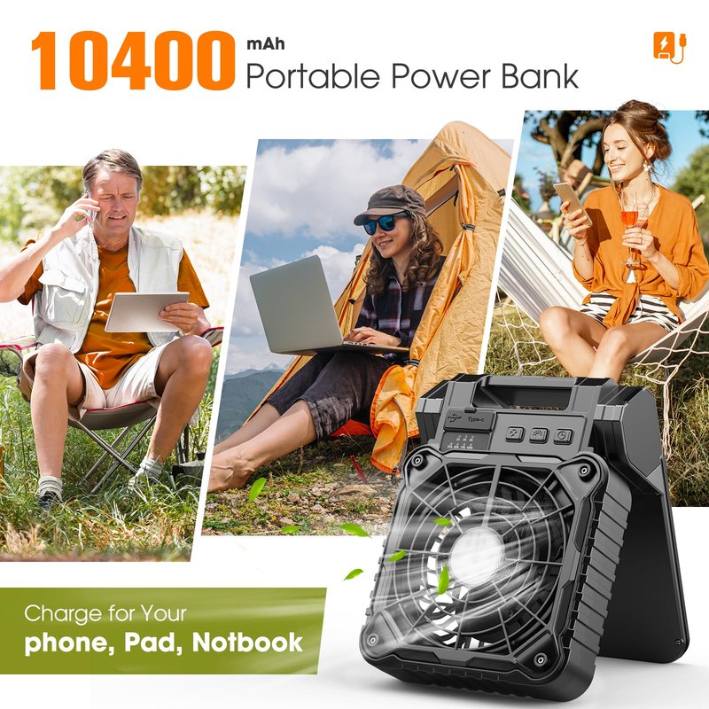 JINLICTE Solar Camping Fan with LED Lantern, 10400mAh 10W Solar Panel fan, Quiet Battery Operated Tent Fan for Picnic, Barbecue, Fishing, Travel