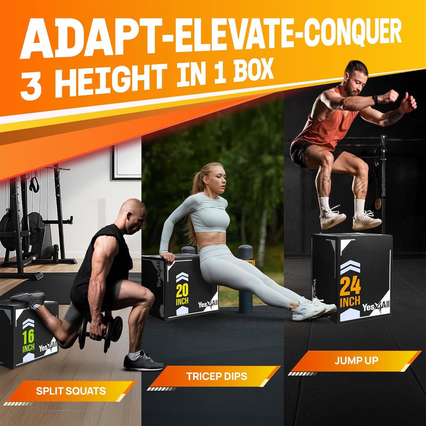 Yes4All 3-in-1 Soft-Padded Plyo Box With Wooden Core, Non-Slip Multi-Use Cushioned Plyometric Jump Box with Vinyl Cover for Jumping, Conditioning, Strength Training - 24x20x16 Inches