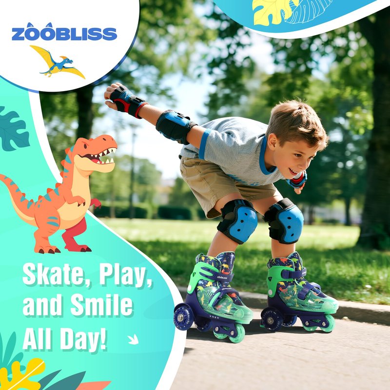 Kids Roller Skates for Beginners - ZOOBLISS Toddler Roller Skates for Boys Ages 3-7 with Light-Up Wheels & 4 Adjustable Sizes, Tri-Wheel Training Skates for Kids (Dino Blue)