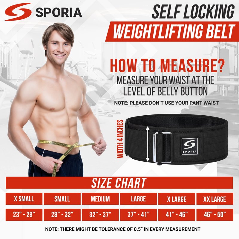 SPORIA Self-Locking Weight Lifting Belt for Men & Women | Lifting Straps Included | Adjustable Weightlifting belt Gym Belt | 4 inch Back Support Powerlifting Belt | Workout Belt | Olympic Weight Belt