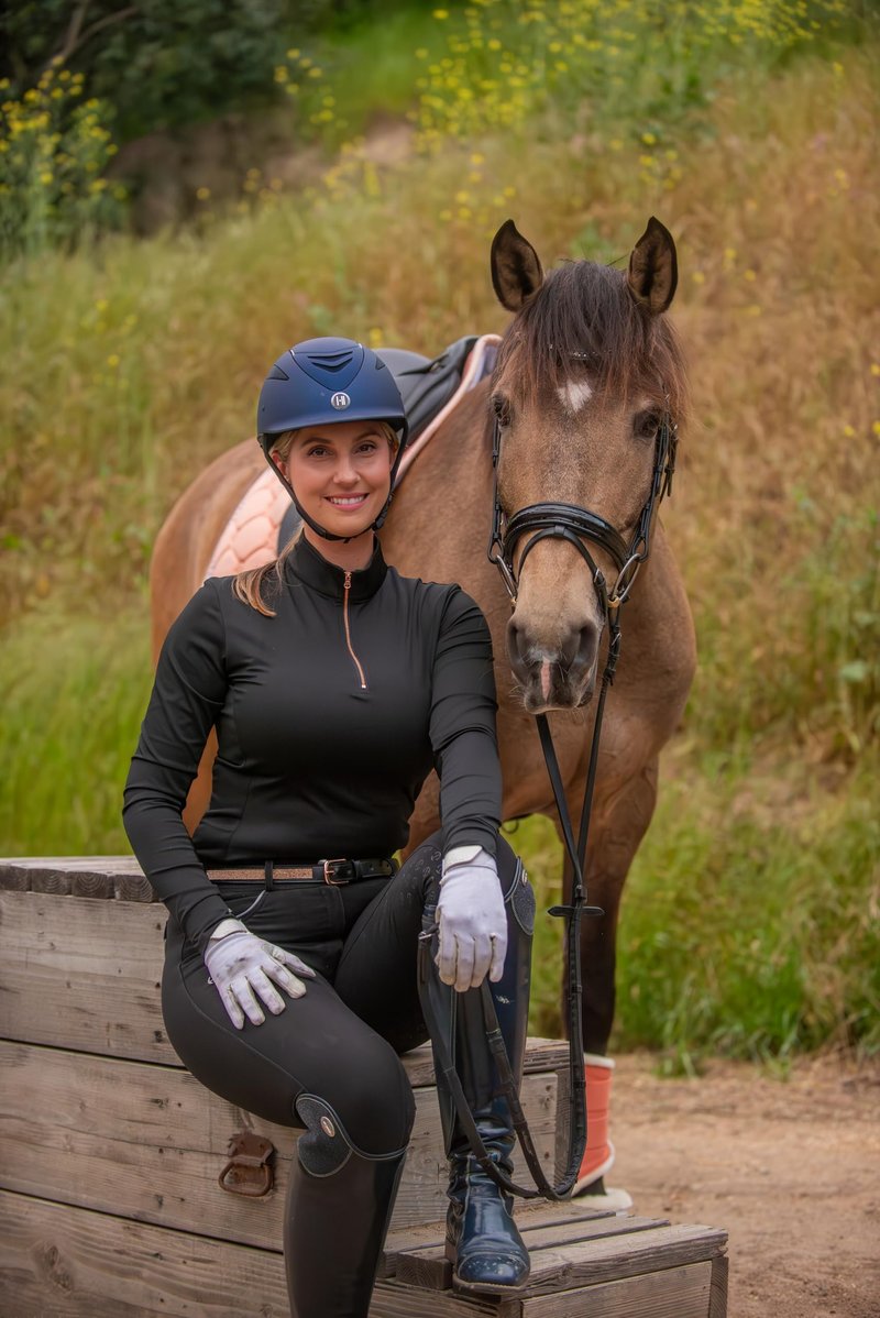 Equestrian Sun Shirt for Women -Ladies Long Sleeve Horseback Riding Base Layer Shirt - English and Dressage Horse Riders Gift (US, Alpha, Medium, Regular, Regular, Black & Rose Gold)