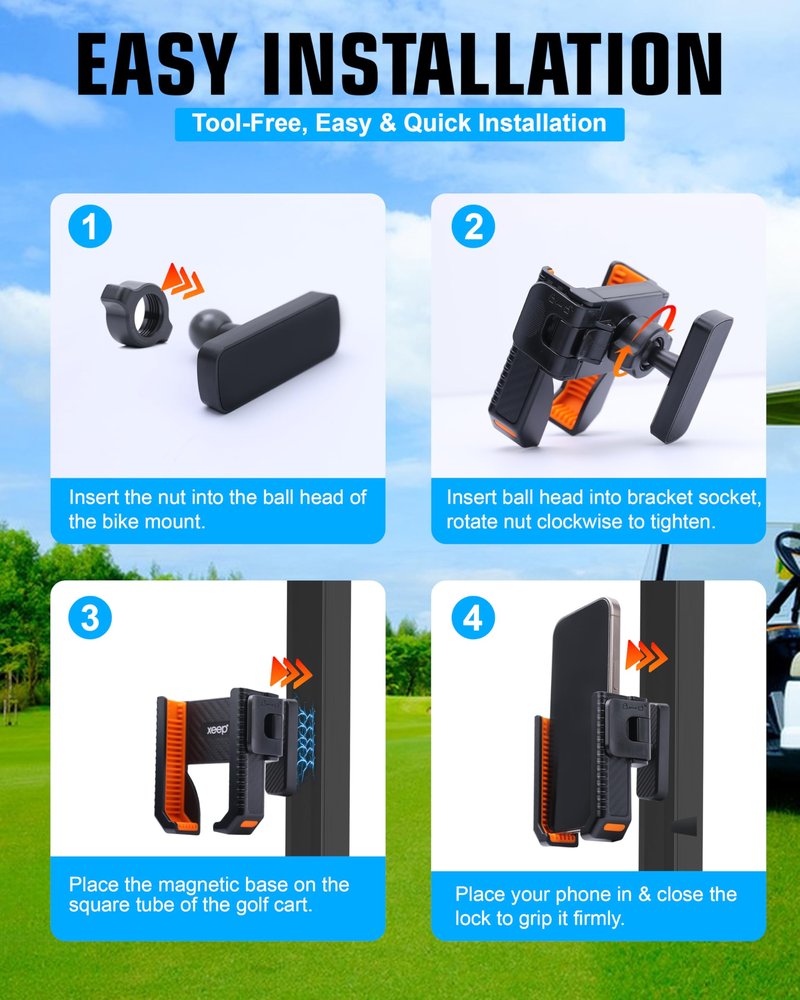 XEEP 2026 Magnetic Golf Cart Phone Holder 8pcs N52 Magnets, 360° Rotation, One-Touch Lock, Compatible with EZGO/Club Car/Yamaha, Golf Cart Cell Phone Holder for All 4.5-7" Smartphones
