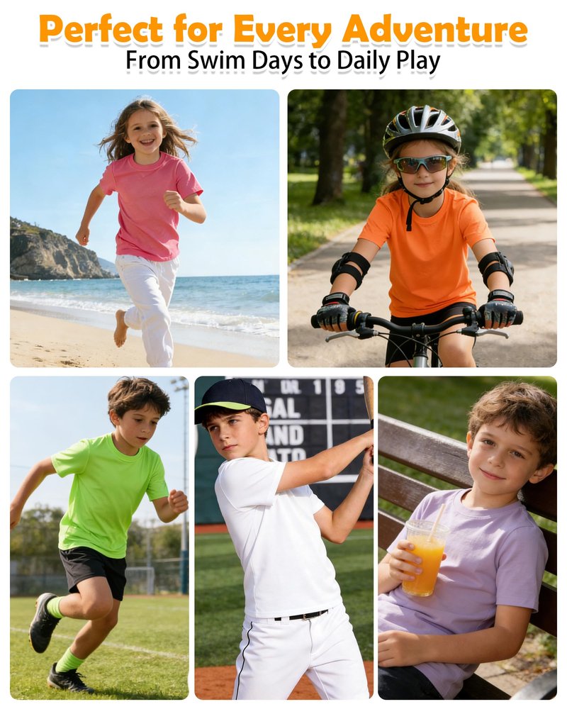Boys' UPF 50+ Swim Shirt, Kids Short Sleeve Rash Guard, Toddler to Youth UV Sun Protection Athletic Sports Neon T Shirt Undershirt