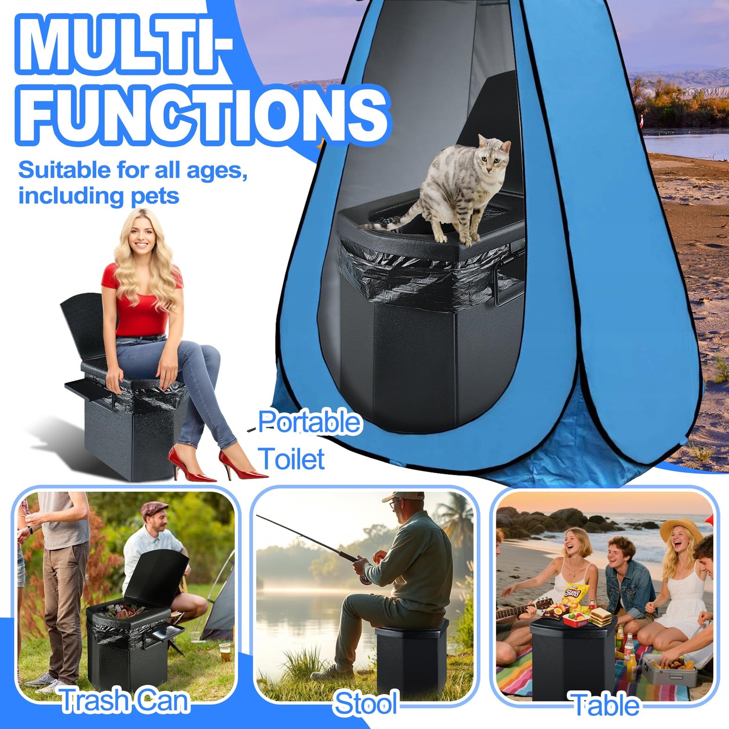 LanAqua Portable Toilet for Adults, Upgraded 16.5'' Tall Camping Toilet with Lid, Portable Travel Folding Toilet with Carry Bag and Paper Holder, Extra Large Compact Potty for Car, Truck, RV, Tent