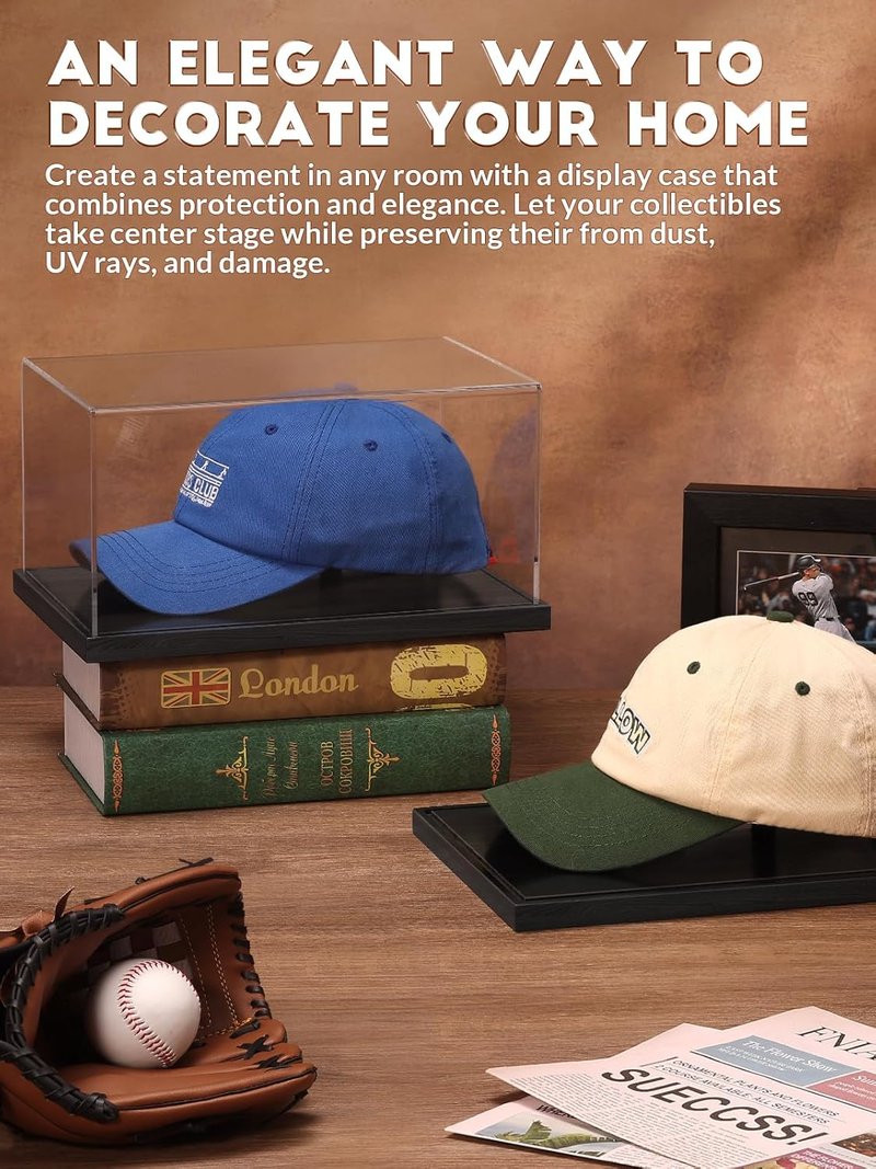 Acrylic Baseball Cap Display Case - Clear UV Protection Showcase with Solid Wood Base & Hat Shaper | Ideal Gift for Collectors, Black