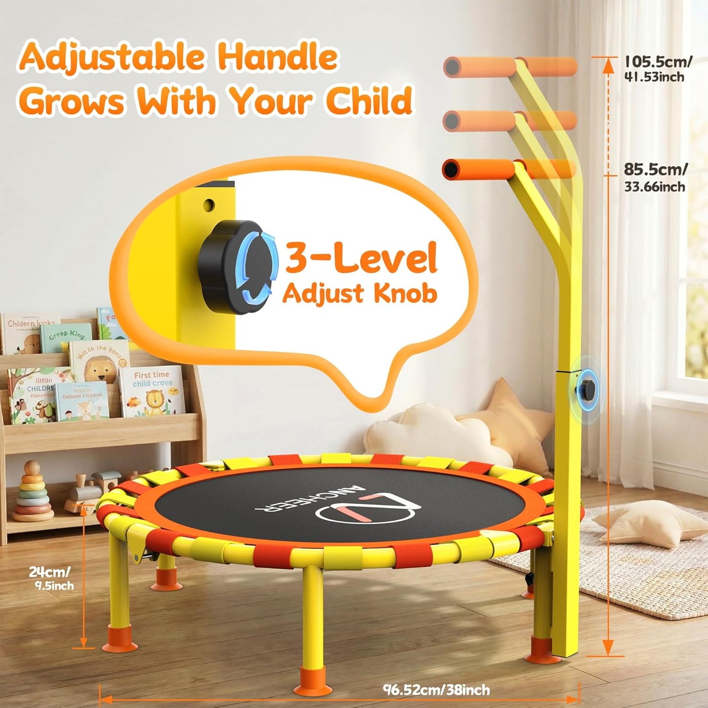 Ancheer 38'' Toddler Trampoline - Mini Trampoline for Kids 1-6 | Adjustable Handle, Foldable Design