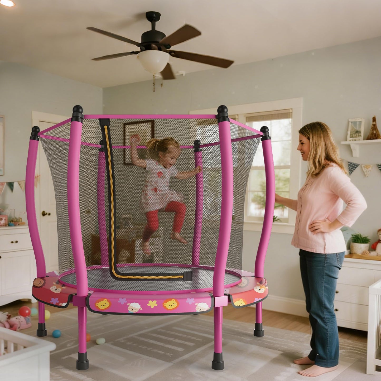 ZCMHAXJ 55" Trampoline for Kids, 440lbs Capacity Indoor & Outdoor Toddler Trampoline, Gifts for Boys & Girls (Animal)