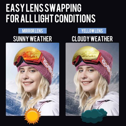 COPOZZ Polarized Ski Goggles Set, M1 Magnetic Snowboard OTG UV400 Skiing Goggles … (Red Lens Red Frame VLT-16.1%)