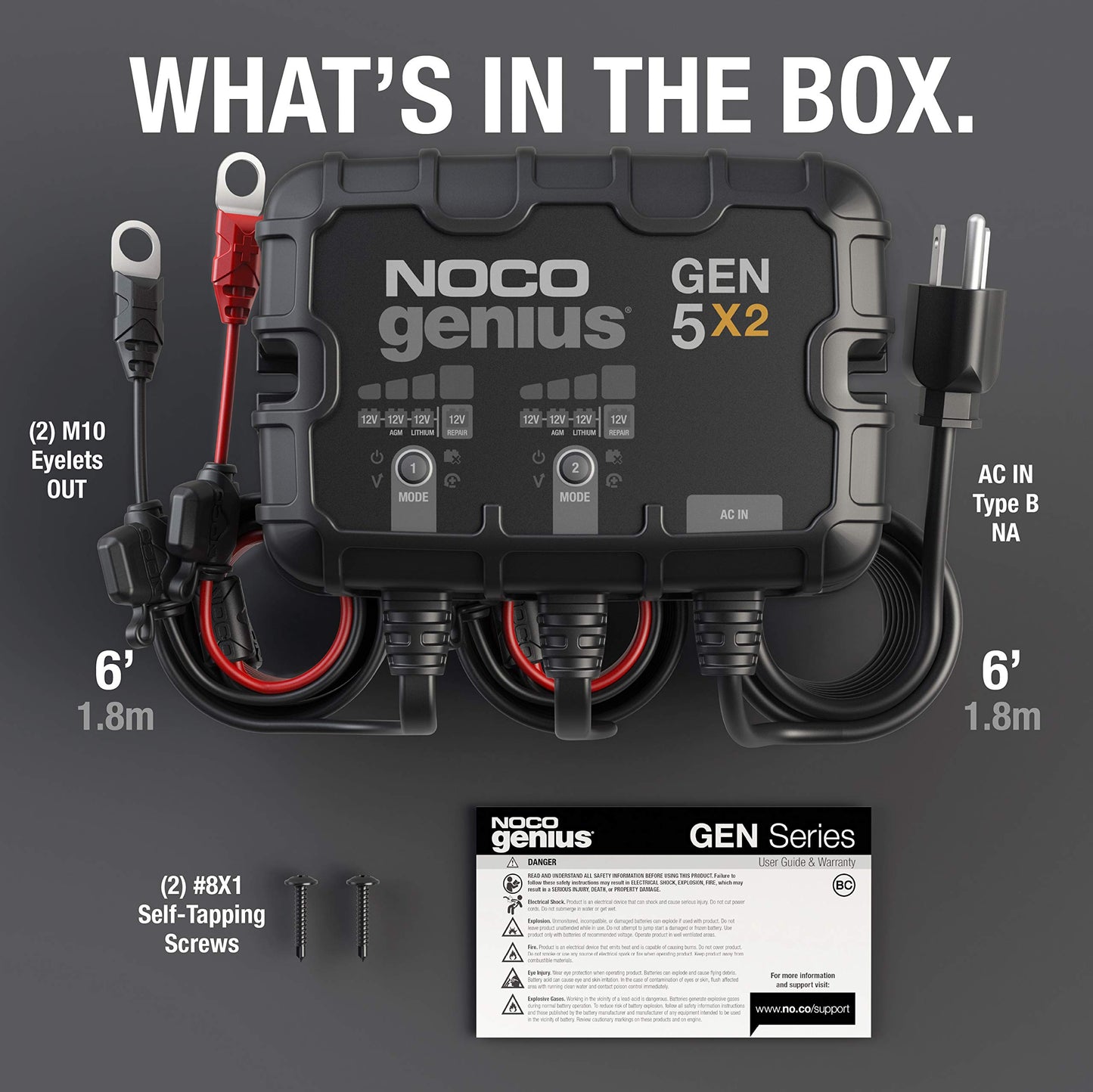 NOCO Genius GEN5X2: 2-Bank, 10A Onboard Battery Charger - 5A Per Bank, 12V Waterproof Marine Charger with Overcharge Protection,Temperature Compensation, for Lead-Acid & Lithium Batteries (Pack of 4)