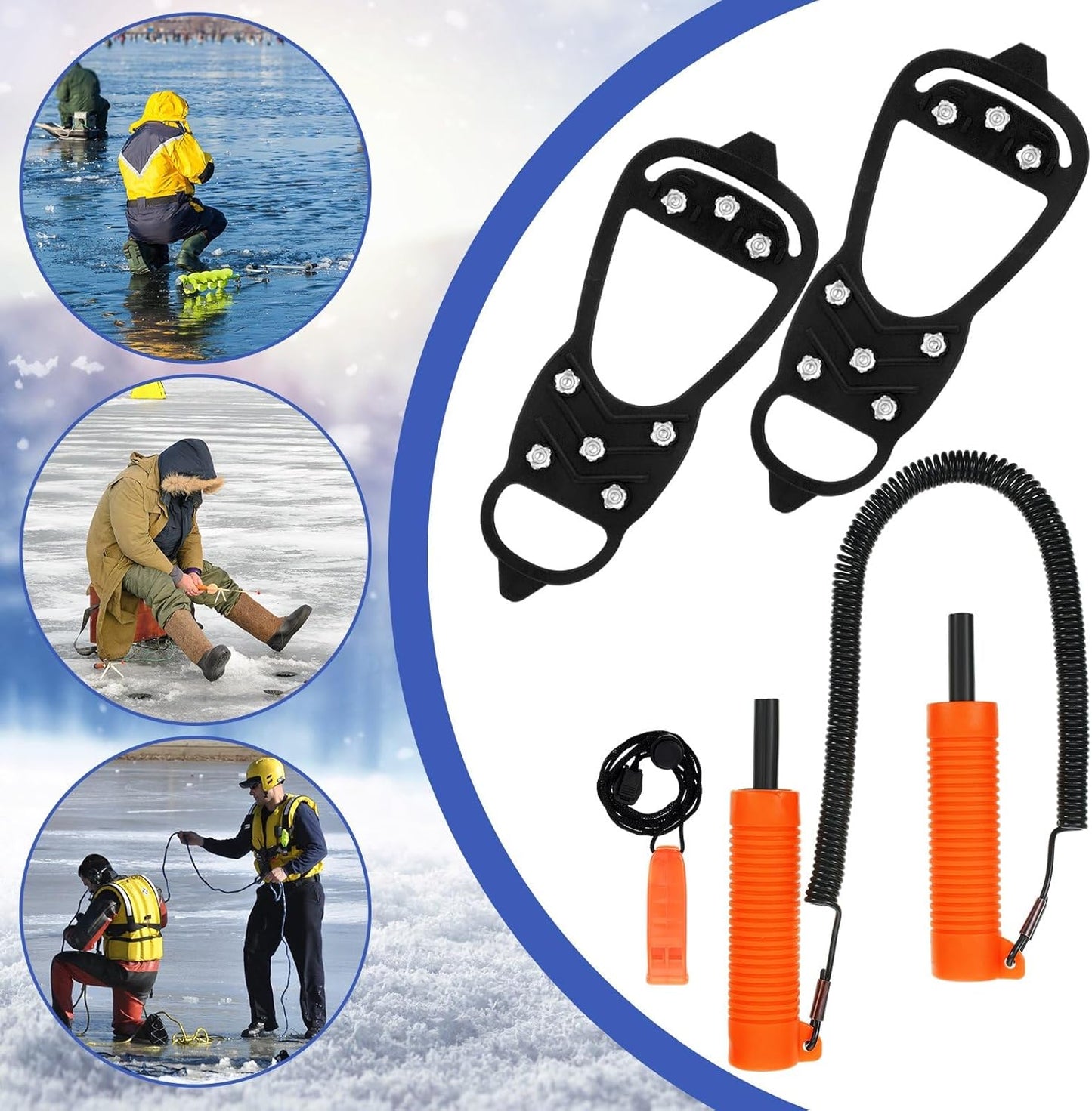 Retractable Ice Awls with Cleats & Whistle - 4 Pcs Winter Fishing Safety Picks | Non-Slip Gripper Spikes