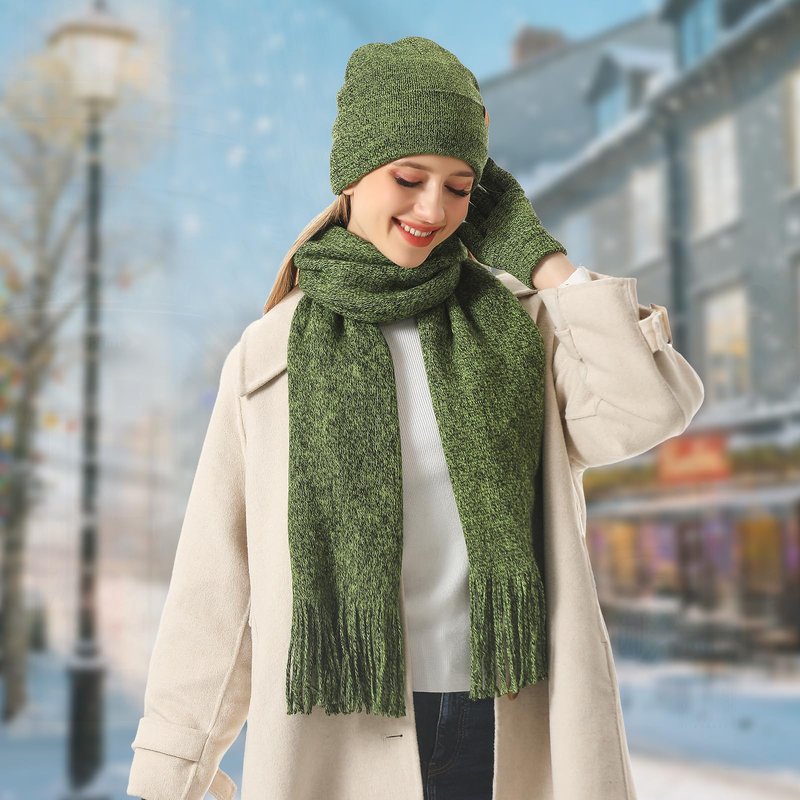 Winter Warm Beanie Hat Touchscreen Gloves Long Scarf Set for Women with Headband, Knit Cap Scarves with Tassel for Women