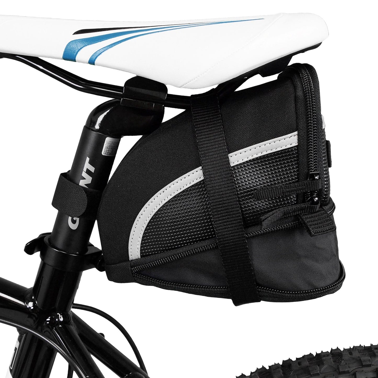BV Strap-On Bike Bag with Reflective Material - Saddle Bag with Seperate Divider for Small Items for All Your Essentials - Bike Pouch with Taillight Hanger for Maximum Safety (Cycling Bag, Medium)