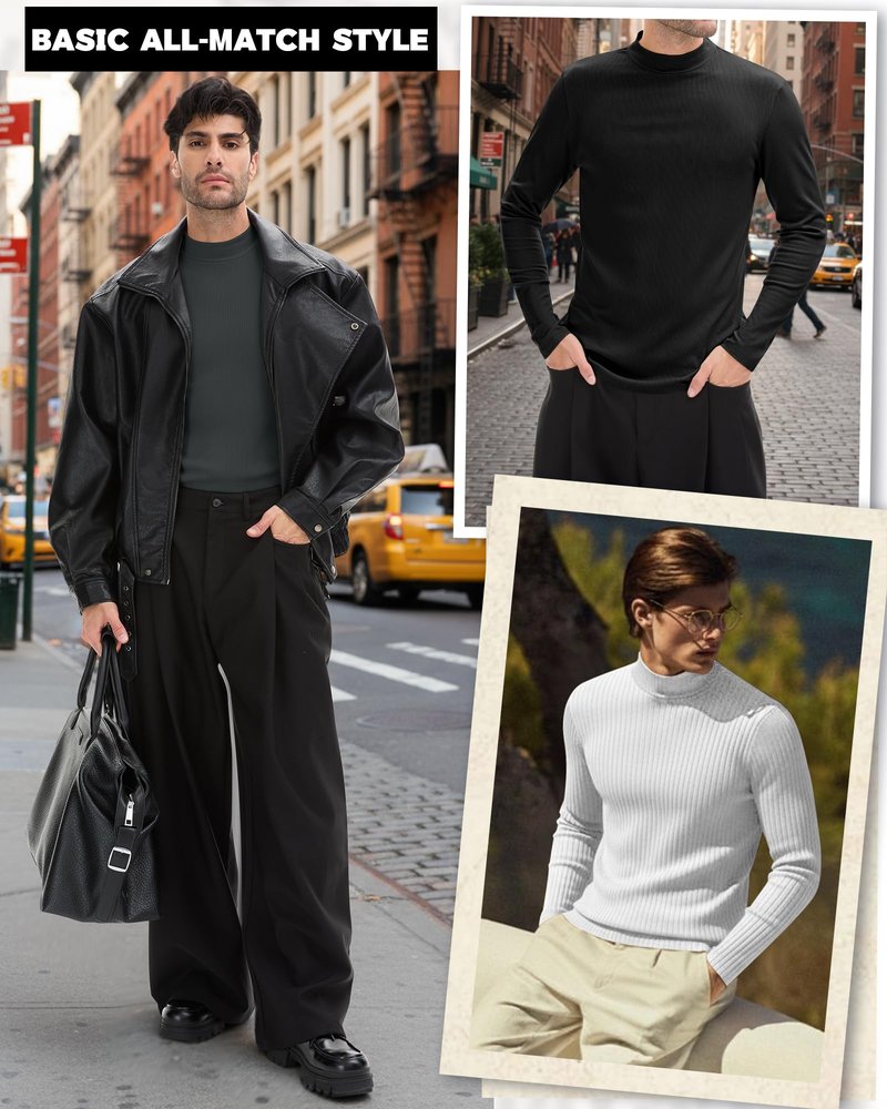 Sweetyweee 4 Pack Men's Mock Turtleneck T-Shirts Cotton Ribbed Knitted Long Sleeve Pullover Slim Fit Casual Basic Sweaters(Army Green, White, Dark Gray, Black,Medium)