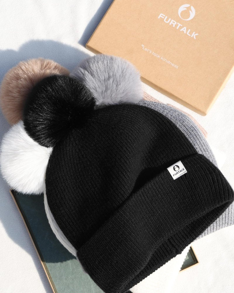 FURTALK Pom Pom Winter Hats for Women Fleece Lined Slouchy Warm Beanie Skull Cap Black