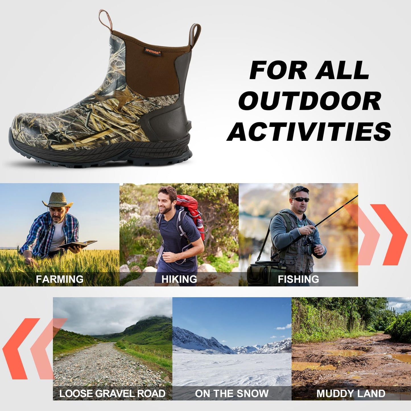 Showave Men's Rain Boots Waterproof Excursion Rubber Boots Insulated Mud Booties for Trekking Gardening Farming Camping Fishing and Chore Work (Camo, Size 8)