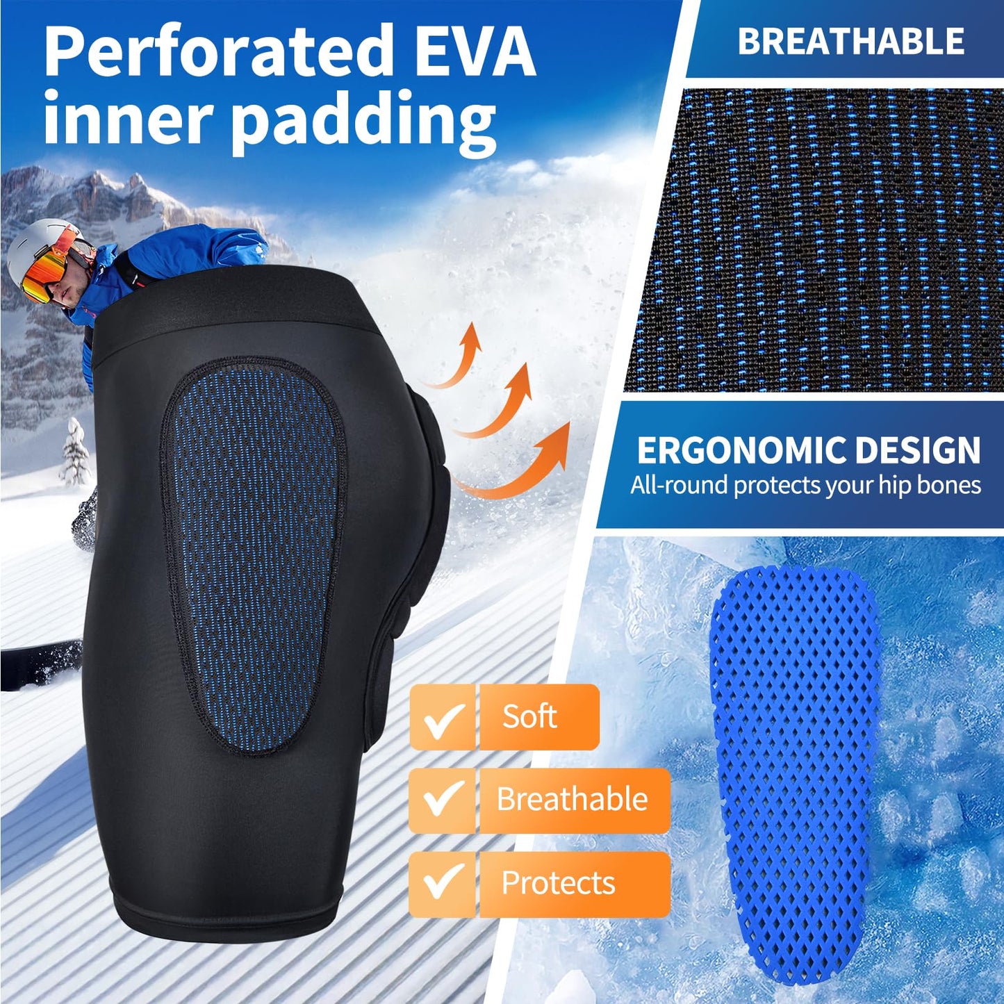 BenKen 3D Hip Protection Eva Butt Pads Protective Padded Shorts for HIPS Tailbone & Butt, Padded Shorts for Skiing Skating Snowboarding Skateboarding (M)
