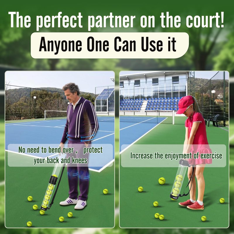 Hikeen Durable Tennis Ball Pick up Tube with 12 Tennis Balls,Quick Pickup & Storage Tennis Ball Tube with Shoulder Strap for Tennis Accessories - Includes 12 Balls