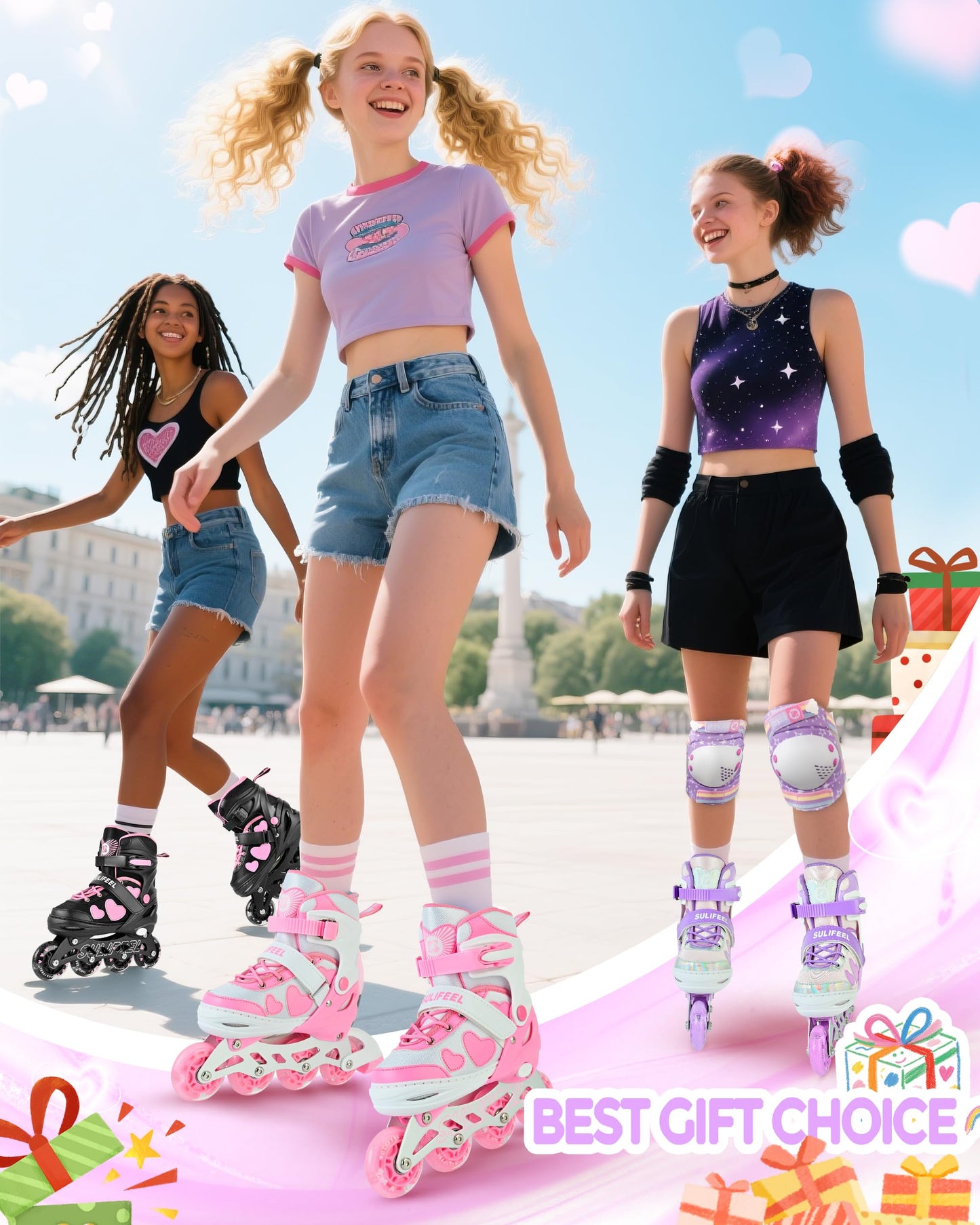 SULIFEEL Love Hearts 4 Size Adjustable Kids Inline Skates for Girls with Fluffy Pom Light Up Wheels Ages 3-12 Girls Birthday Gift for Indoor Outdoor Sports