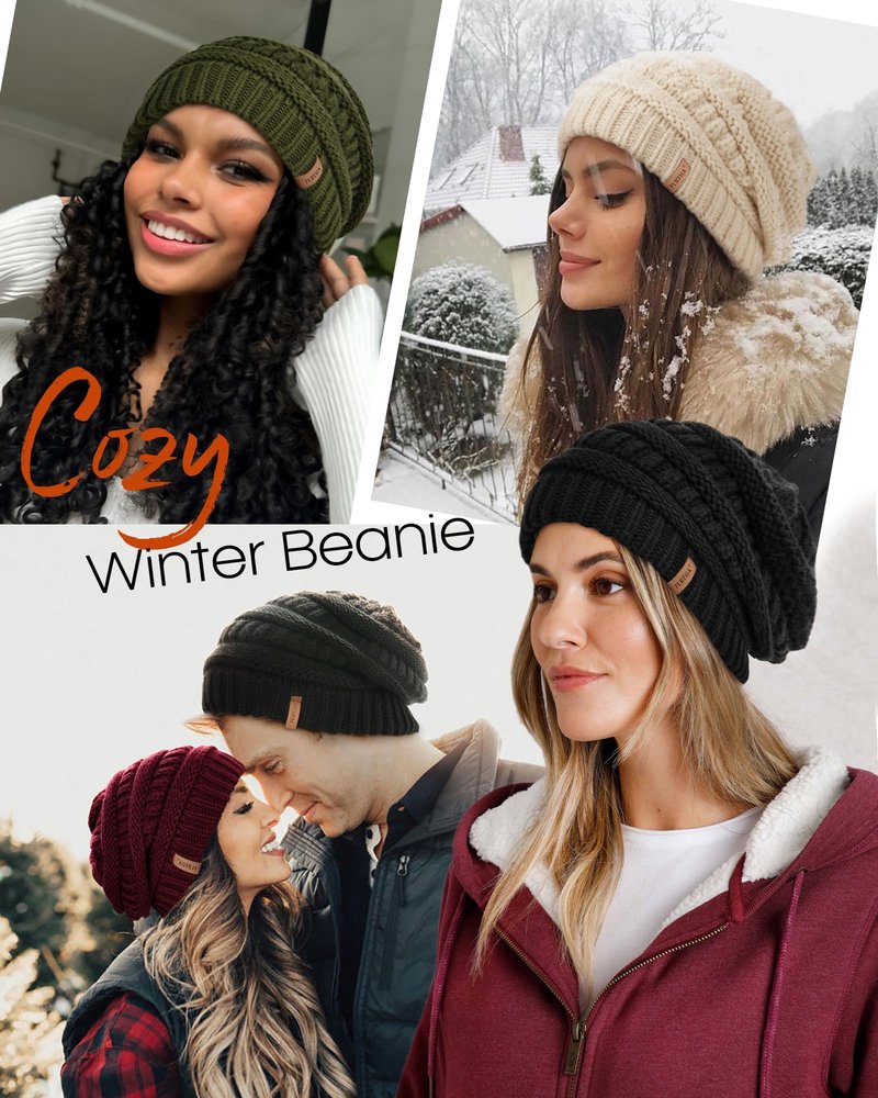 FURTALK Womes Slouchy Winter Beanie Knit Hat Satin Lined 3 Pack Thick Warm Fashionable Skull Cap