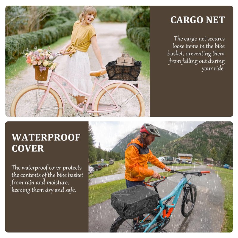 PIREKZUNT Bike Basket Rear, 16"X11.4"X7.4" Natural Rattan Beach Cruiser Bike Rear Basket with Waterproof Cover,Cargo Net, Handmade Woven Rectangular Bicycle Rear Basket for Women's and Mens Cruiser