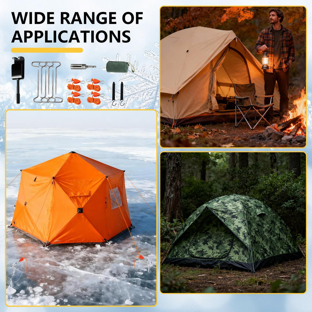 Heavy Duty Ice Anchor Drill Adapter Tool Kit, 19Pcs Stainless Steel Tent Stakes Set with 13FT Ratchet Ropes, Tent Hooks, Canvas Bag for Ice Fishing Shelter Setup (8Pcs Tent Stakes+6Pcs Rope Roller)