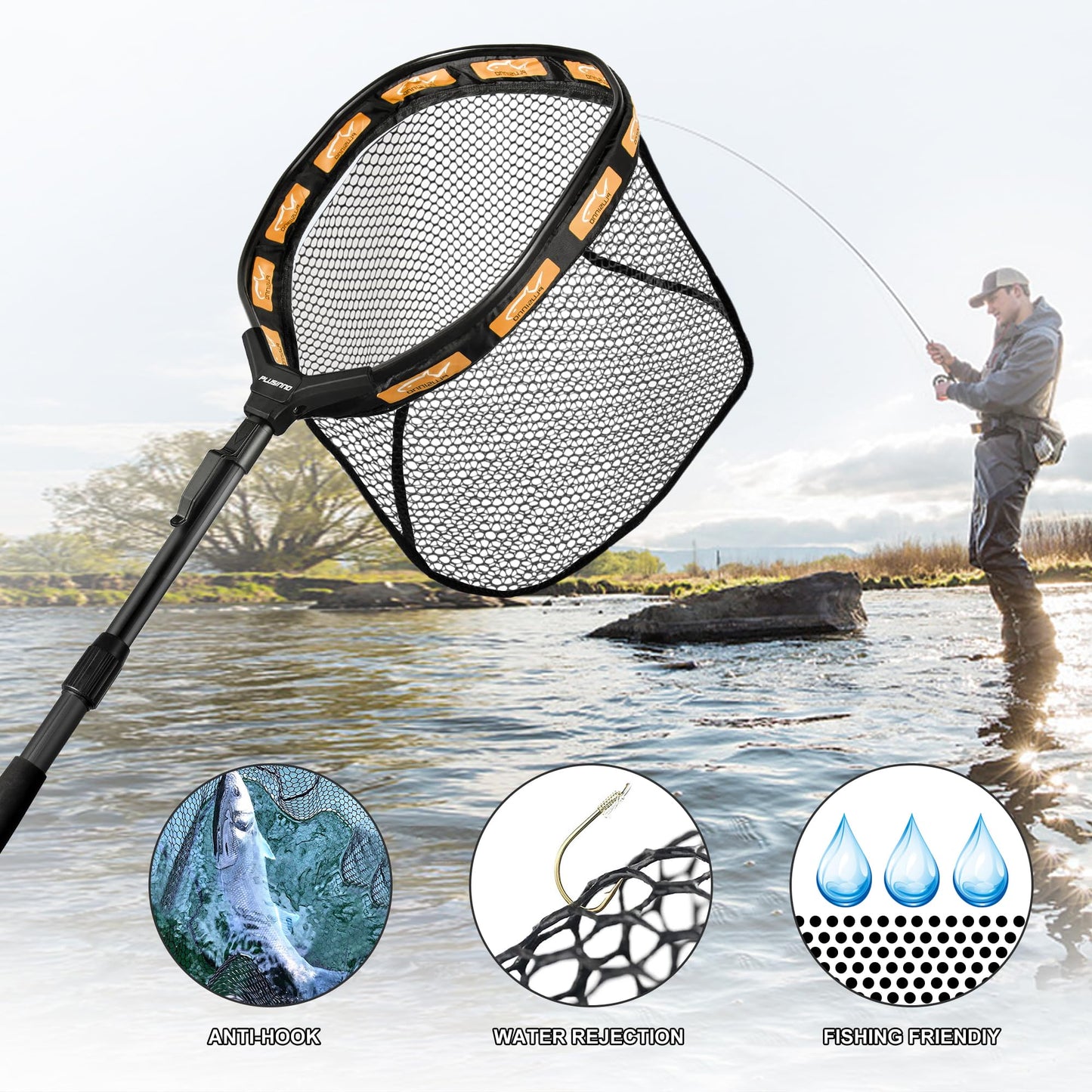 PLUSINNO Fishing Net Fish Floating Landing Net, Kayak Nets with Fixed Foldable Telescopic Pole Handle,Bass Trout Fishing Nets with Nylon Mesh for Pond Lake River,Fishing Gear Gifts for Men Orange 1.0M