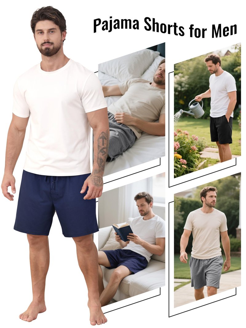 IHU 3 Pack Men's Cotton Pajama Shorts - Soft Sleepwear & Lounge Bottoms with Drawstring & Pockets Sleep Shorts for Men L Black, Navy, Gray