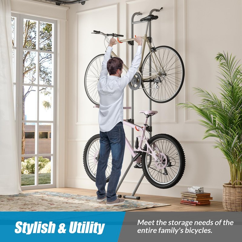 Suchtale 2 Bike Rack, Bicycle Rack, Bike Storage Rack for Garage, Gravity Bike Stand, Indoor Bike Organizer, Floor Vertical Bicycle Holder, Adjustable Wall Mount Cycle Hanger for Road Mountain Bikes
