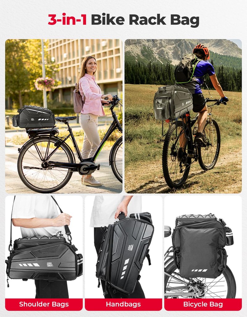 KEMIMOTO Bike Rear Bag, 11L/20L/40L EVA Hard Shell with Waterproof Cover, Bicycle Trunk with Shoulder Strap for Commuter Travel Outdoor