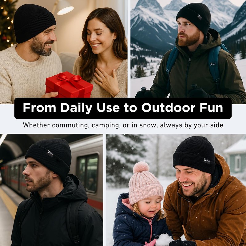 TOP-EX Waterproof Wool Fleece Lined Beanie for Men Women Winter Cold Weather Warm Thermal Knit Hats Gifts Dad Christmas Big Heads Black Medium Large M L
