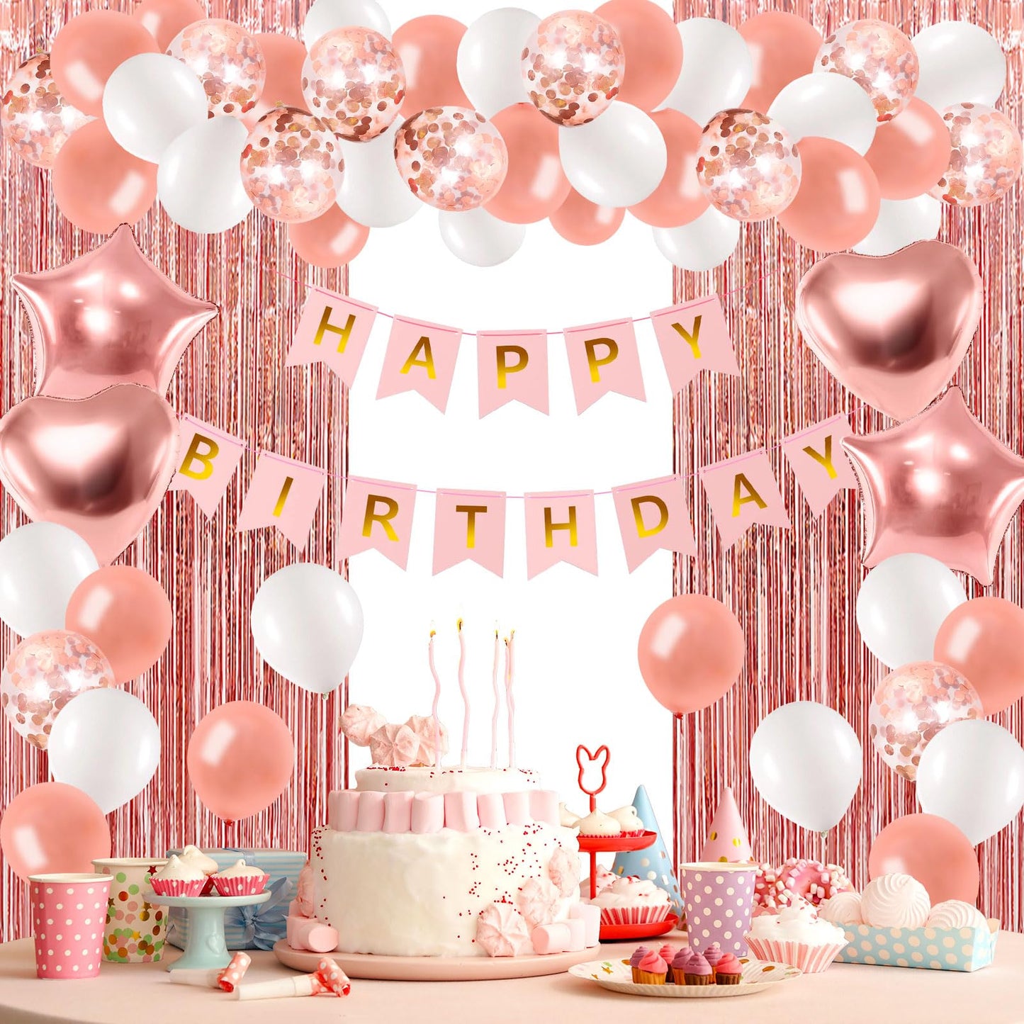 Rose Gold Birthday Decorations With Electric Balloon Pump, Happy Birthday Decorations for Women Girls, Birthday Party Decorations Kit Balloon Garland Kit Decoracion de Cumpleaños Para Mujer