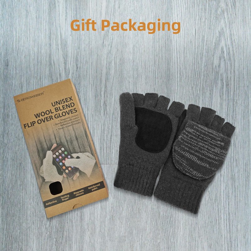BERGWEISER Flip Winter Gloves, Wool Fingerless Gloves for Women Men Cold Weather, Mittens with Reflective & Magnetic Button Closure for Christmas Gifts