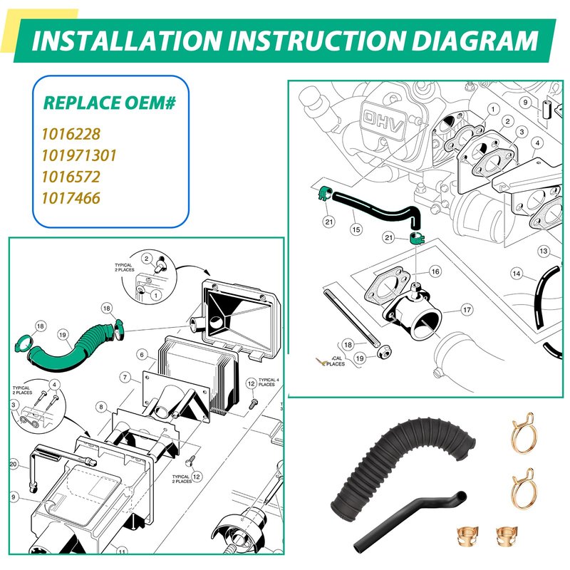 FIXHAWK Club Car DS Air Intake Hose and Crankcase Vent Tube with Clamp Repair Kit for Club Car DS 1992-1997 Gas Golf Carts,Replace OEM# 1016228 101971301 1016572 1017466