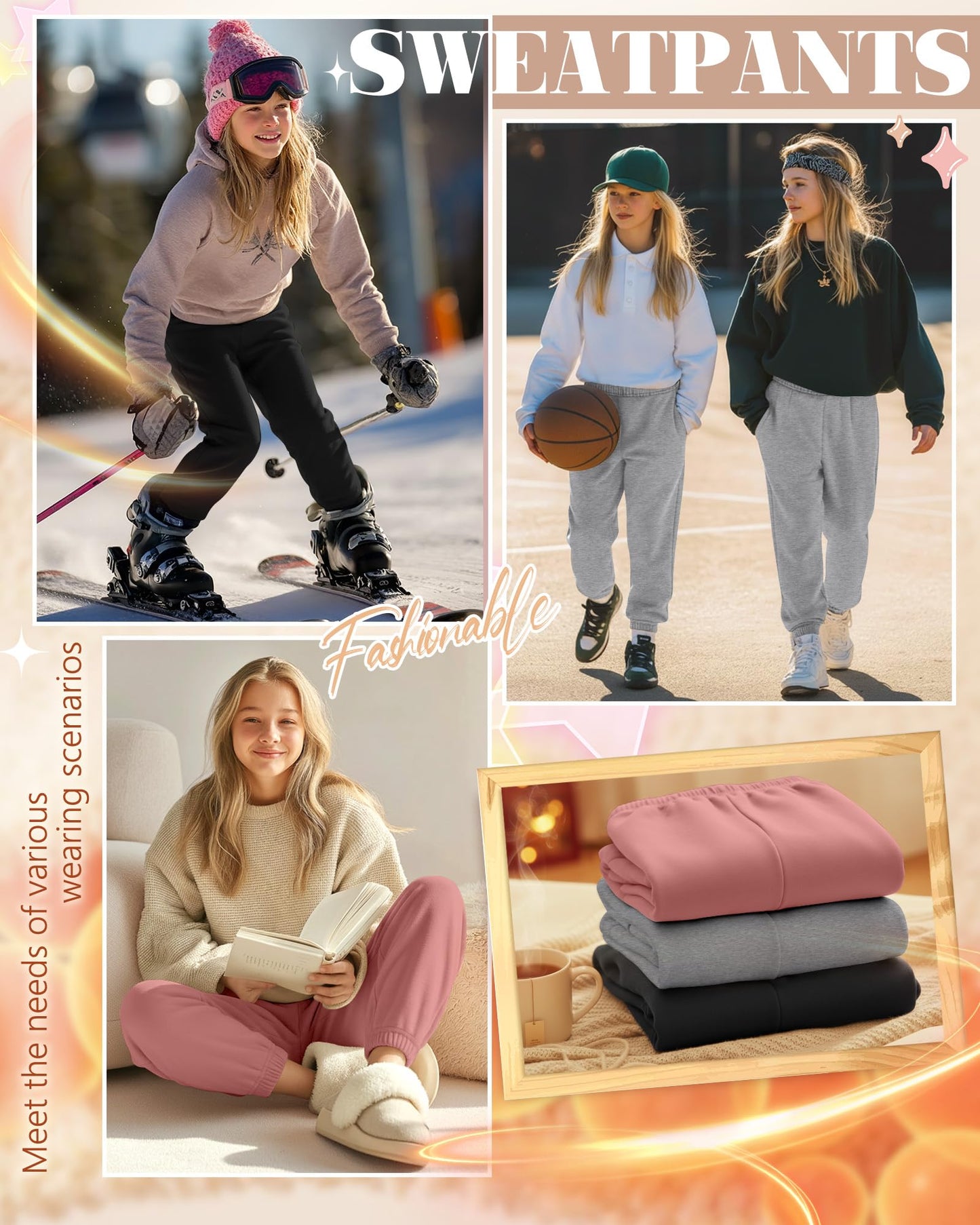 LessonZoo 3 Pack Girls Fleece Joggers Sweatpants, 5-16 Years Thermal Baggy Elastic Waist Athletic Activewear with Pockets(Coral Pink, Light Gray, Black,Large)