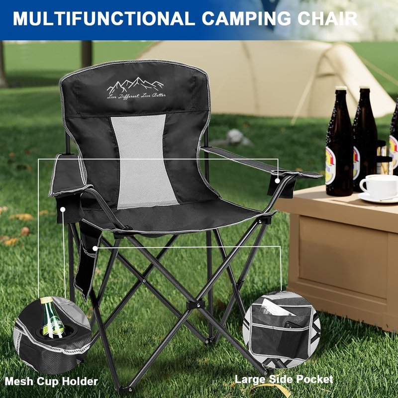 SAILARY Collapsible Folding Camping Chairs Heavy Duty Lawn Foldable Chair with Cooler Bag, Storage Pocket, Waterproof Bag Outdoor Arm Sport Chair, Supports 325LBS, Black