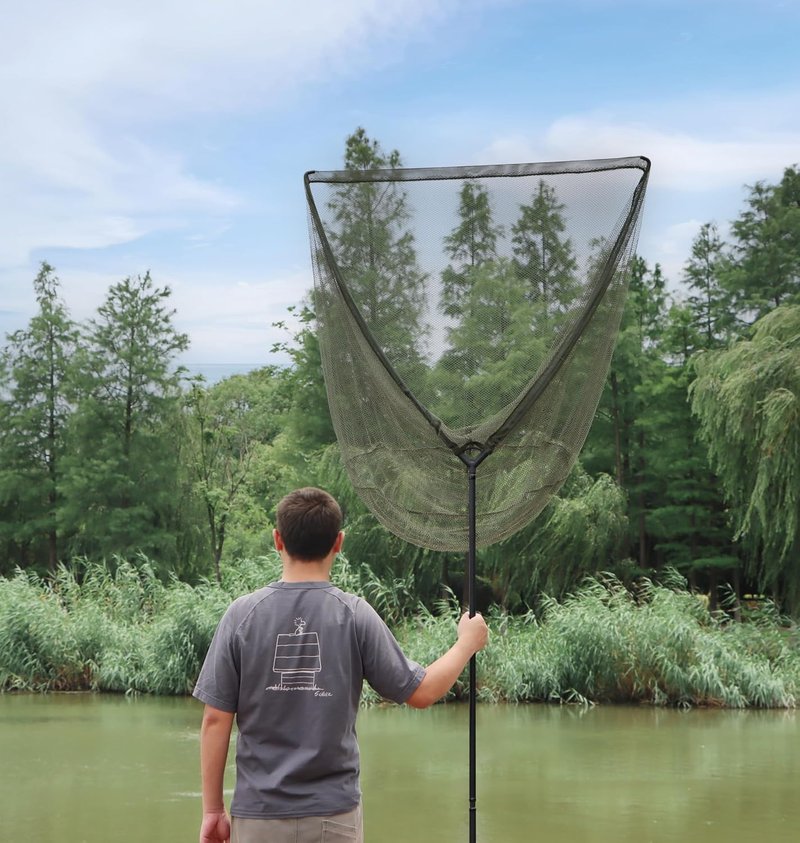 Carp Fishing Landing Net - 42 Inch Extra Large Carbon Fiber Net | 6 Feet Long Handle, Holds Up to 88lbs, Olive Green