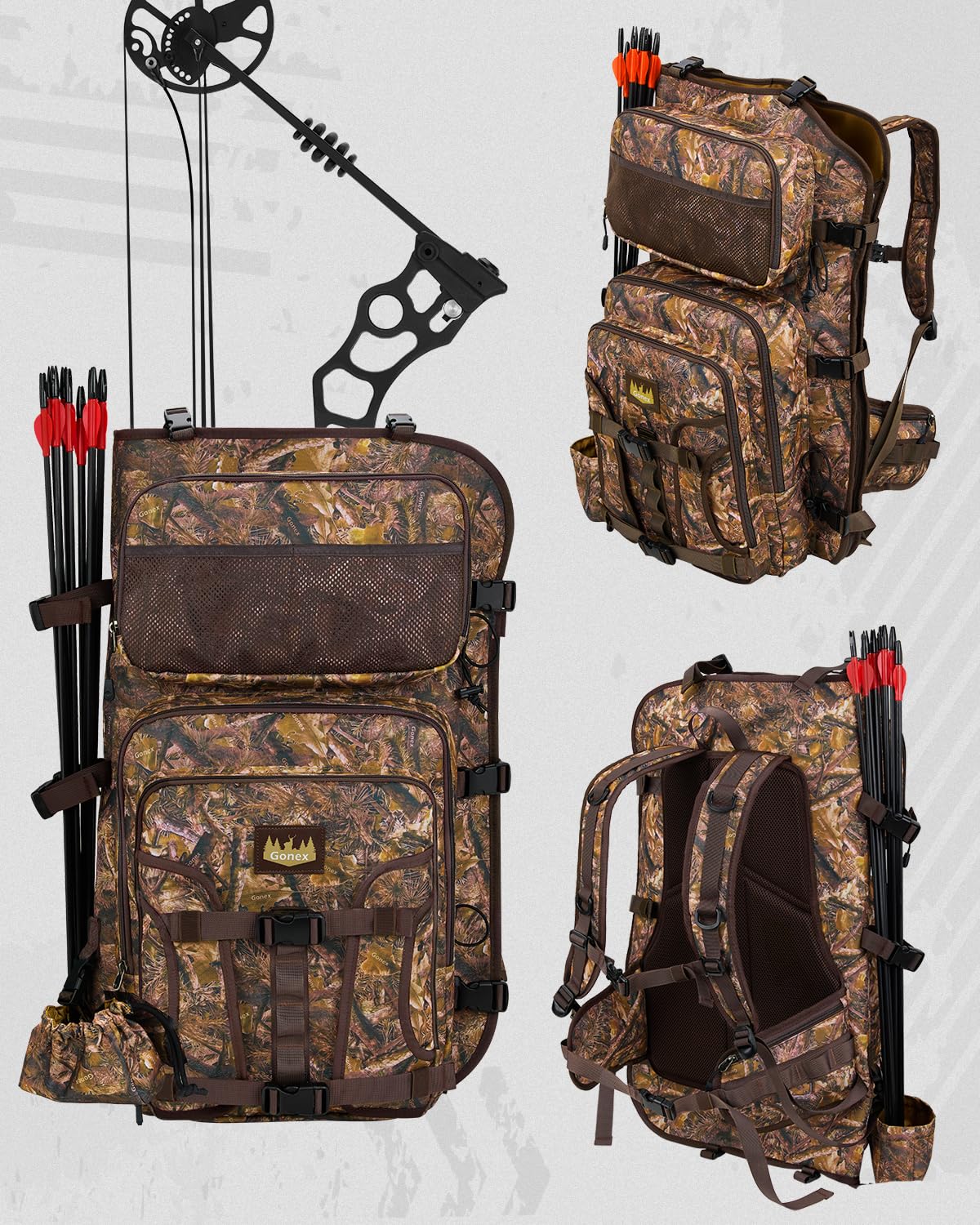 Gonex Hunting Bow Case Backpack with Detachable Arrow Tube, 900D Waterproof Polyester, Full-Padded Protection, Archery Bag with Multi-Pockets & Game Hauling Straps for Compound Bow Camo Brown