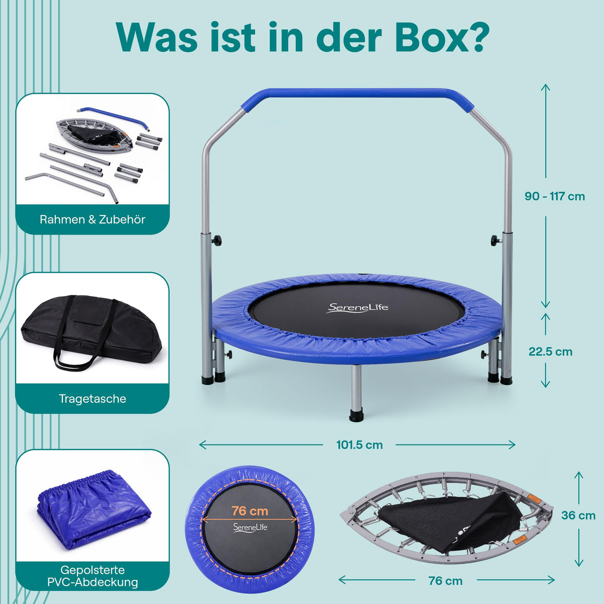 SereneLife 40" Foldable Mini Trampoline - Compact Fitness Trampoline for Kids Adults, Exercise Rebounder with Foam Handle, Indoor/Garden Workout Equipment, Max Load 150/220 lbs