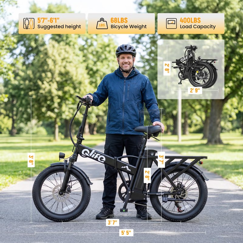 Qlife Hunter Foldable Electric Bike for Adults, Peak 1200W Ebike with 48V 13.5Ah Battery, 65-Mile Range, Heavy-Duty Rear Rack, 20-Inch Fat Tires, Folding E Bike for Commuting & Outdoor Use