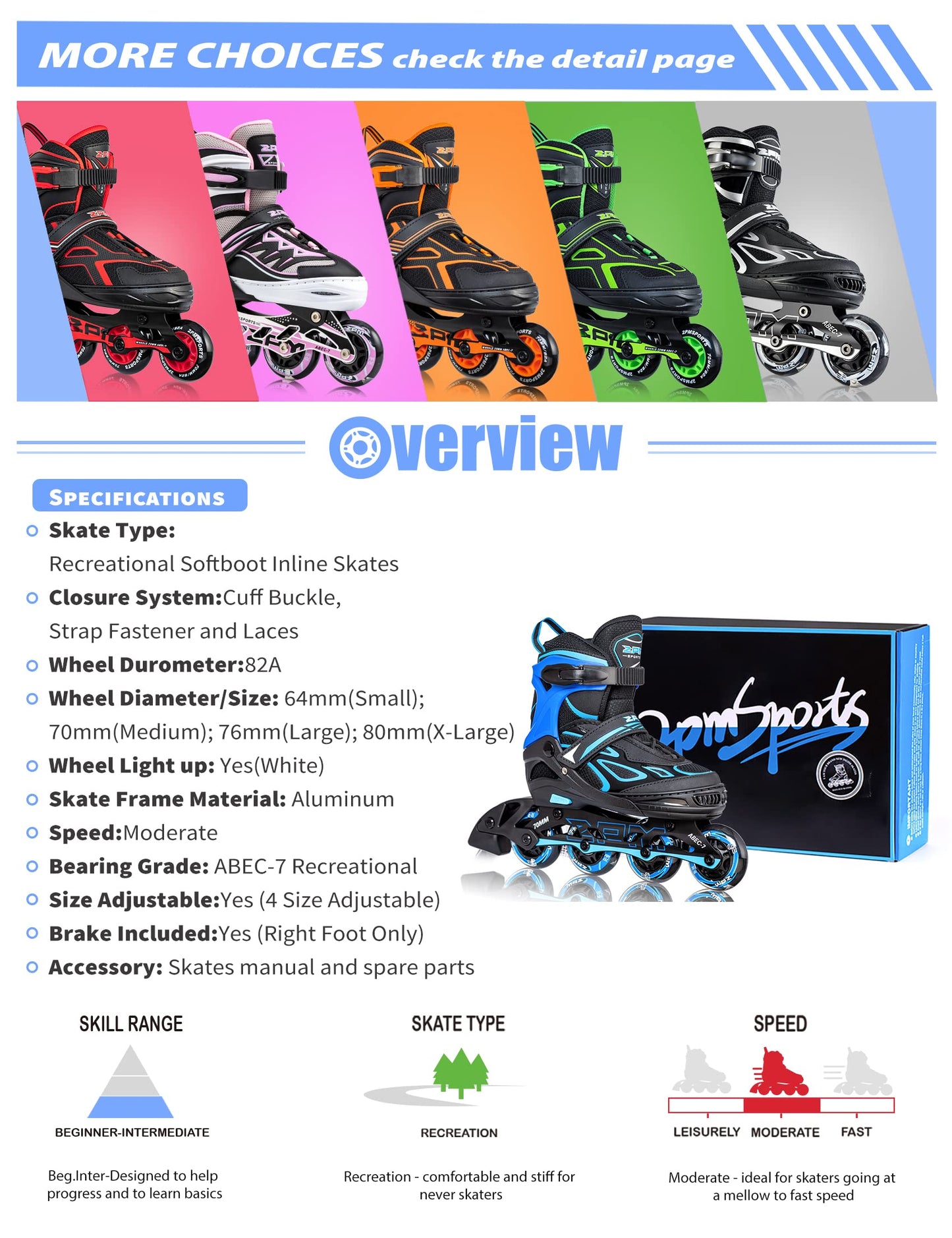 2PM Sports Vinal Boys and Girls Adjustable Flashing Inline Skates, All Wheels Light Up, Fun Illuminating Skates for Kids and Men- Azure Medium(1Y-4Y US)