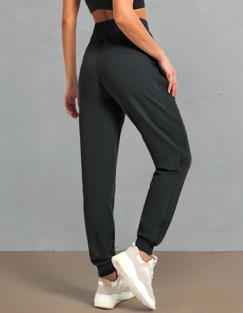 PULI Women's Cotton Jogger Sweatpants - Ribbed Lounge Pants with Zipper Pocket