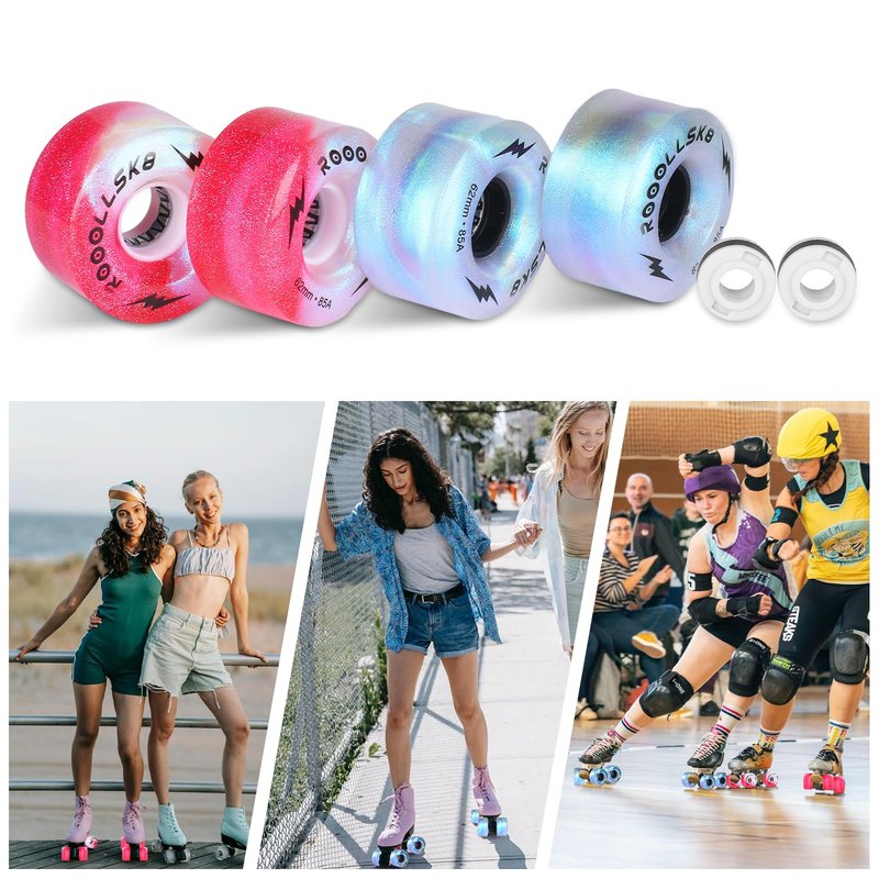 ROOOLLSK8 Roller Skate Wheels Light up Skate Wheels Indoor and Outdoor Glow Quad Skate Wheels 85A 62MM (pearl sliver)